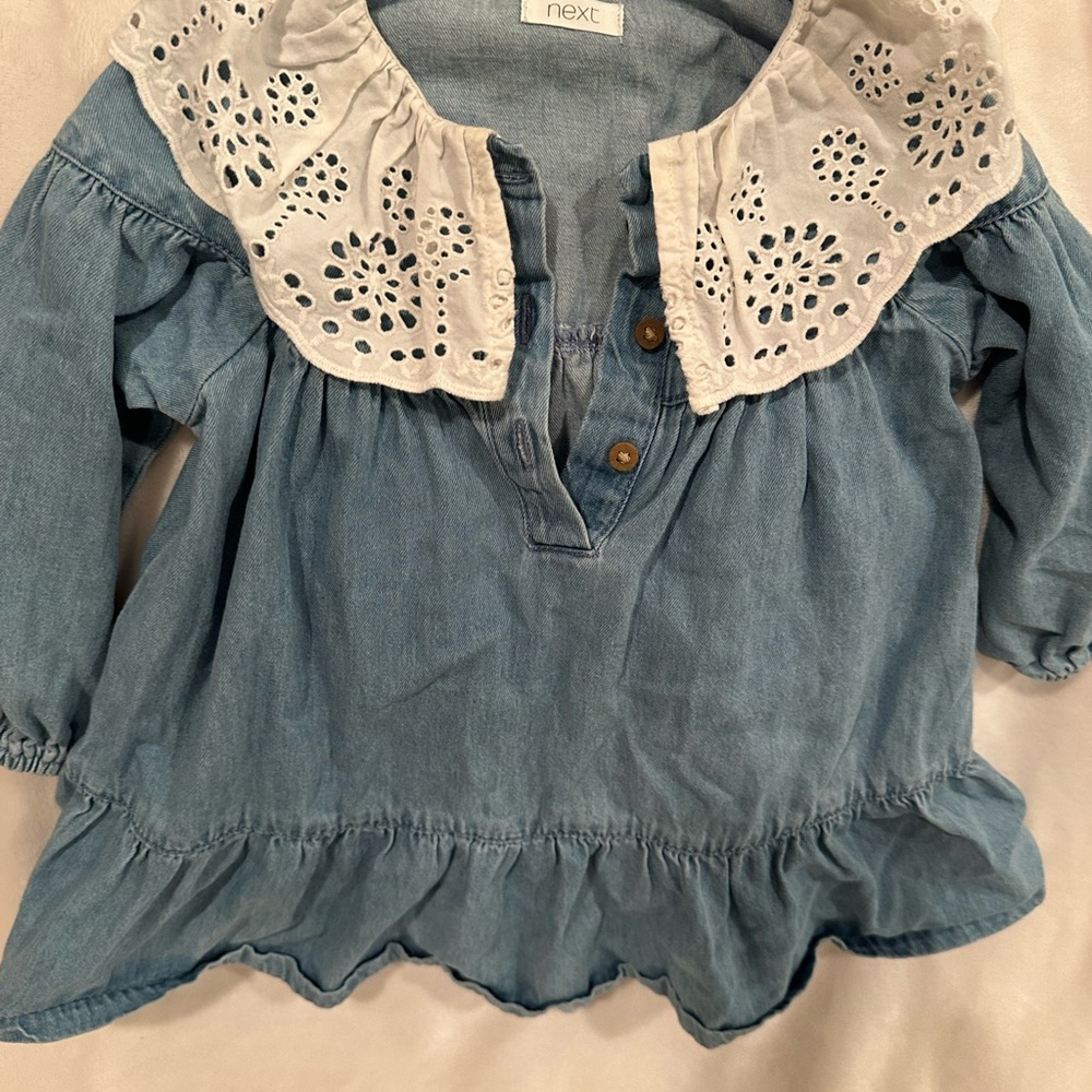 Next Blue Casual Dress with Lace Collar and Ruffle Hem